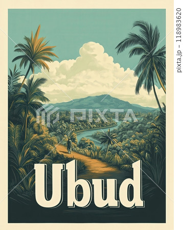 A traveler strolls along a winding path surrounded by vibrant greenery and towering palm trees in Ubud, Bali. The picturesque landscape invites visitors to explore its natural beauty. 118983620