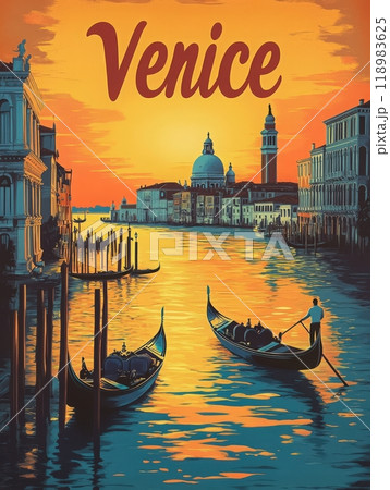 This vibrant travel poster captures a sunset view over Venices canals, showcasing gondolas gliding through the water alongside iconic buildings and reflections. 118983625