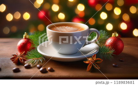 Cup of hot coffee on Christmas background. Concept of holiday and happy New Year atmosphere 118983681