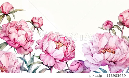 Delicate pink peonies are showcased with lush green leaves, presenting a tranquil arrangement that highlights their soft petals against a light backdrop. 118983689