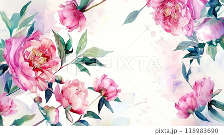 Beautiful pink peonies blossom amidst gentle green leaves, showcasing their vibrant color against a pastel watercolor backdrop, creating a tranquil atmosphere. 118983690