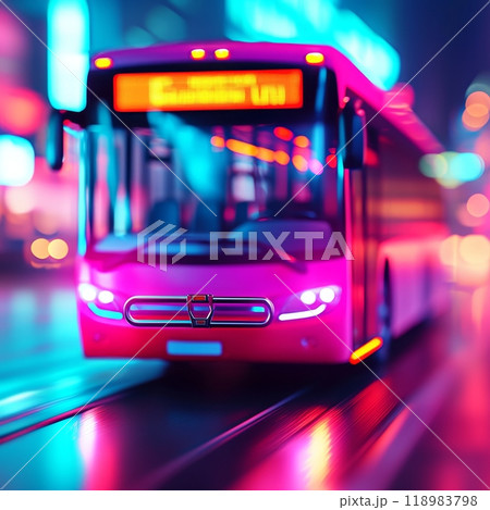 Autonomous electric bus driving on city street with neon lights at night Autonomous electric bus driving on city street with neon lights at night 118983798