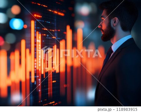 Businessman analyzing financial charts displayed on a transparent screen Businessman analyzing financial charts displayed on a transparent screen 118983915