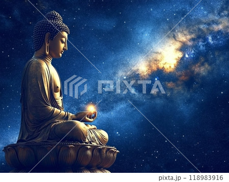 Golden buddha statue meditating in front of the milky way galaxy Golden buddha statue meditating in front of the milky way galaxy 118983916
