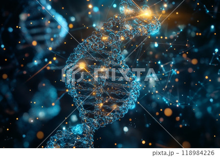 Dna strand glowing on dark blue background with network connections 118984226