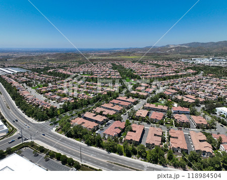 Aerial view of identical condominium houses in Lake Forest, California 118984504