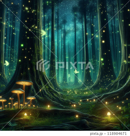 A magical forest filled with glowing fireflies  118984671