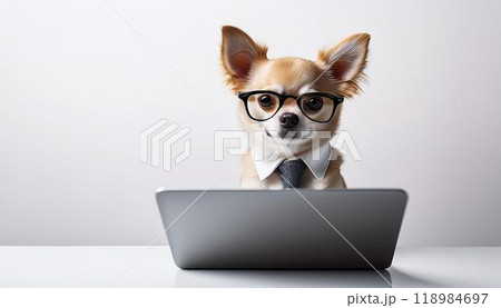 ノートパソコンと犬、ネクタイをして眼鏡をかけているチワワ。 ノートパソコンと犬、ネクタイをして眼鏡をかけているチワワ。 118984697