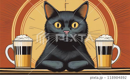 黒猫とビールのレトロなビンテージ風イラスト 118984892