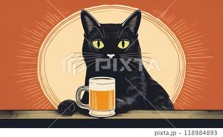 黒猫とビールのレトロなビンテージ風イラスト 118984893