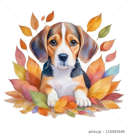 紅葉の落ち葉に埋もれるビーグルの子犬4／チラシやポスター用素材 118985686