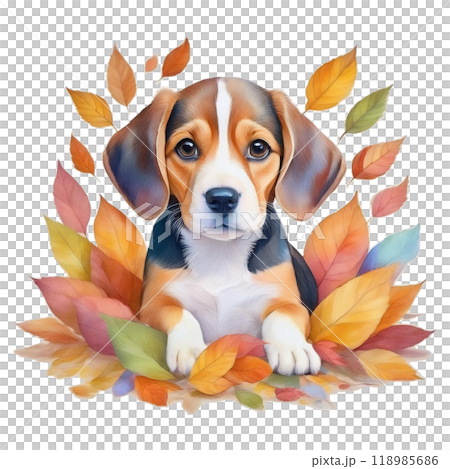 紅葉の落ち葉に埋もれるビーグルの子犬4／チラシやポスター用素材 118985686