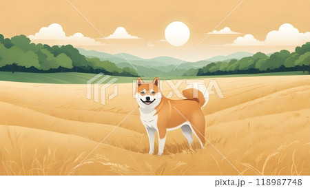 草原に佇む「柴犬」のイラスト 118987748