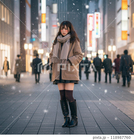 冬に夜の街を歩くマフラーの女性 118987760