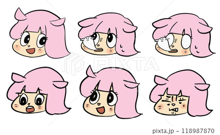 ピンク色の可愛いゆるキャラの表情豊かな手描きイラスト素材のイラスト