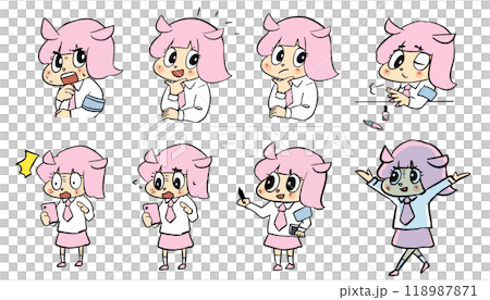 Cute pink mascot character with expressive faces, hand-drawn illustration 118987871