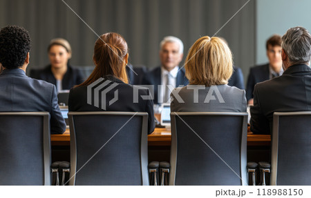 In modern business meeting room, professionals engage in discussion, showcasing teamwork and collaboration. atmosphere reflects focus and determination 118988150