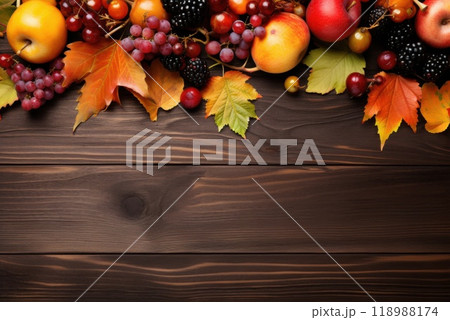 fruits and vegetables on wooden background 118988174