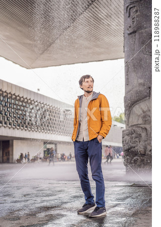 Male tourist exploring the National Museum of Anthropology in Mexico City. Cultural heritage and historical exploration concept 118988287