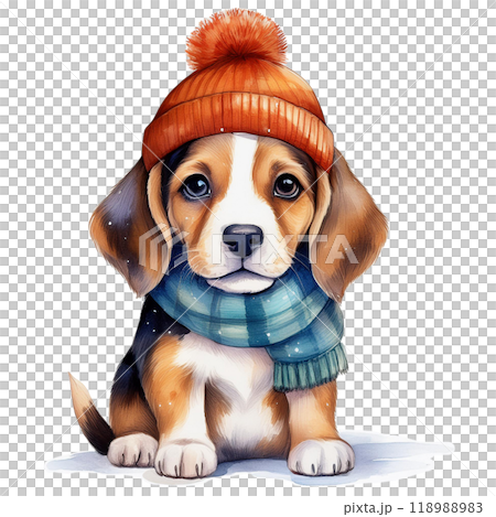 Watercolor illustration of a beagle wearing a woolen hat and scarf 3 / Material for flyers and posters 118988983
