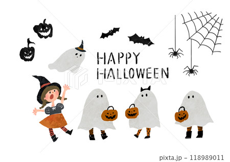 切り絵風のハロウィンの仮装した子供たちのイラストセット 118989011