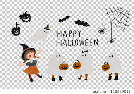 切り絵風のハロウィンの仮装した子供たちのイラストセット 118989011
