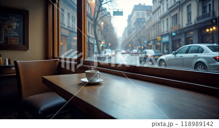 パリのとある通りに面した大きなガラス窓のあるコーヒーショップ。テーブルの上には入れ立てのカフェオーレ パリのとある通りに面した大きなガラス窓のあるコーヒーショップ。テーブルの上には入れ立てのカフェオーレ 118989142