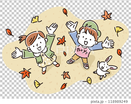 孩子們和兔子高興地從下面抬頭看著落葉 孩子們和兔子高興地從下面抬頭看著落葉 118989249