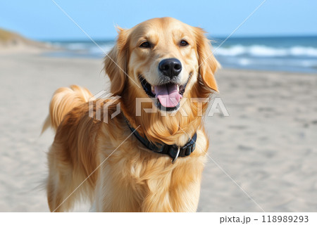 Joyful Golden Retriever on a Sunny Beach 118989293