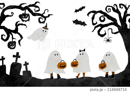 オバケの仮装をした子供たちとハロウィンイメージのイラスト オバケの仮装をした子供たちとハロウィンイメージのイラスト 118989710