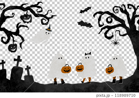 Illustration of Halloween images with children dressed as ghosts 118989710