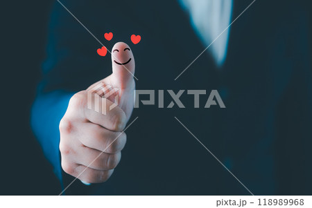 Businessman thumb up showing happy smile face and red heart emotion, good satisfaction feedback rating, think positive, customer review, assessment, good mood, world mental health day, Compliment Day Businessman thumb up showing happy smile face and red heart emotion, good satisfaction feedback rating, think positive, customer review, assessment, good mood, world mental health day, Compliment Day 118989968