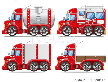 A set of different trucks. Side view. Isolated on white background. Vector illustration.  A set of different trucks. Side view. Isolated on white background. Vector illustration.  118990413