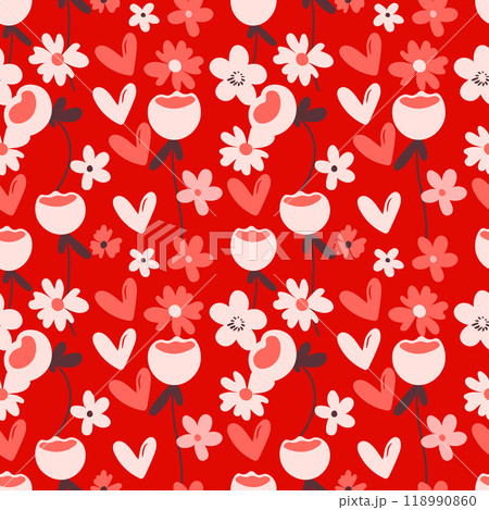 Seamless floral pattern based on traditional folk art ornaments. Colorful flowers on color background. Scandinavian style. Sweden nordic style. Vector illustration. Simple minimalistic pattern 118990860