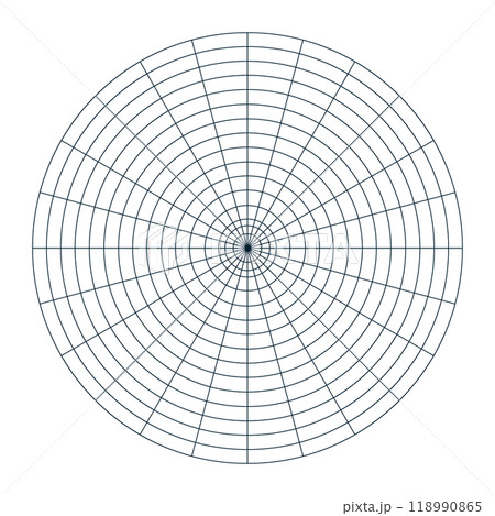Polar coordinate circular grid isolated on white background. 360 degrees scale. Blank polar graph paper. Vector illustration. Mathematical graph. Lined blank on transparent background 118990865
