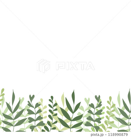 Floral frame with colorful exotic branches on white background. Ornate border with tropic leaves. Vector stock illustration for wallpaper, posters, card. Doodle style. Copy space 118990879