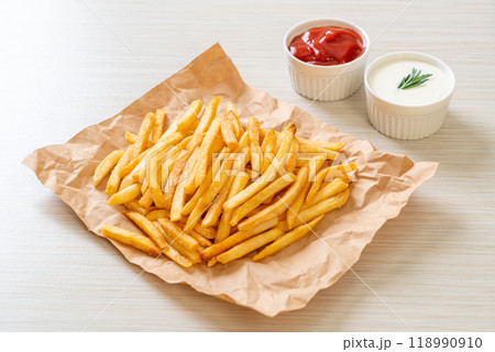 French fries with sour cream and ketchup French fries with sour cream and ketchup 118990910
