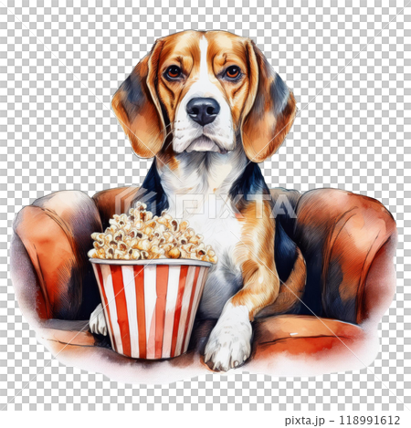 Watercolor illustration 2 of a beagle sitting on a sofa and holding popcorn / Material for flyers and posters 118991612