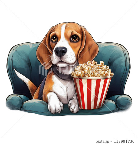 ソファに座りポップコーンを抱えるビーグル1／チラシやポスター用素材 118991730