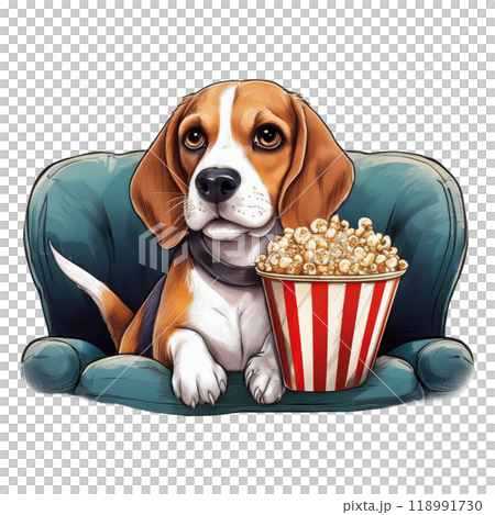 ソファに座りポップコーンを抱えるビーグル1／チラシやポスター用素材 118991730