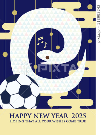 ヘビがかわいい2025年巳年の年賀状用ベクターイラスト（A3サッカー　青系） 118992242