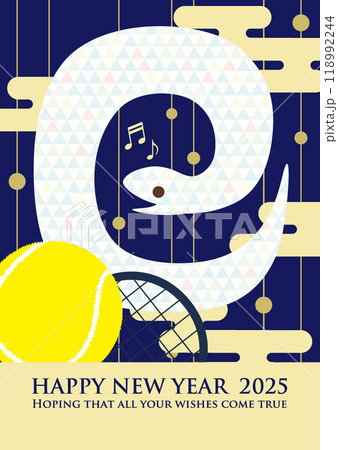 ヘビがかわいい2025年巳年の年賀状用ベクターイラスト（A3テニス　青系） 118992244