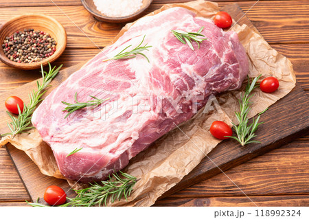 Neck of raw pork meat . Top view Neck of raw pork meat . Top view 118992324
