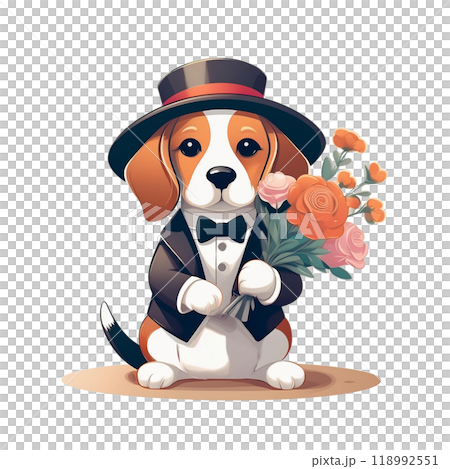 Beagle wearing a tuxedo and holding a bouquet of roses 1 / Flyer and poster material Beagle wearing a tuxedo and holding a bouquet of roses 1 / Flyer and poster material 118992551
