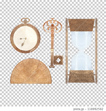 Metal protractor, vintage key, pocket watch, hourglass watercolor set isolated on white. Hand painted design elements perfect for cards, banners, posters, stationary decor. Vintage antique clipart 118992582