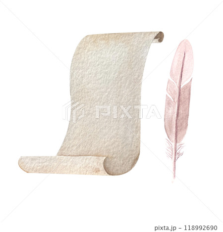 A parchment, a quill feather watercolor illustration set isolated on white. Hand drawn high quality simple style art for stationary, stickers, cards, notebooks, diary decor and design. Antique clip 118992690