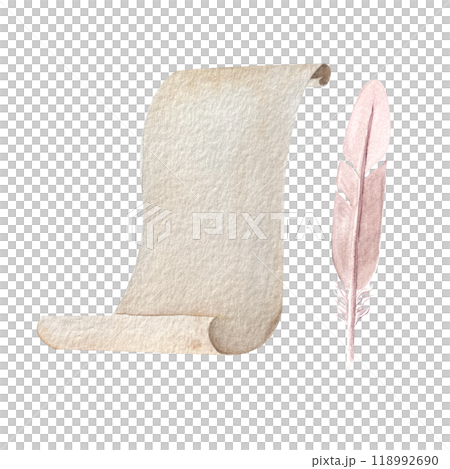 A parchment, a quill feather watercolor illustration set isolated on white. Hand drawn high quality simple style art for stationary, stickers, cards, notebooks, diary decor and design. Antique clip A parchment, a quill feather watercolor illustration set isolated on white. Hand drawn high quality simple style art for stationary, stickers, cards, notebooks, diary decor and design. Antique clip 118992690