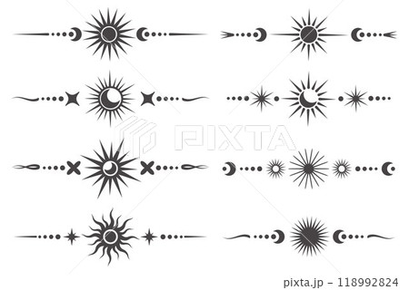Celestial border with magic moon and mystic stars. Spiritual frame with fantasy elements. Vector astrology ornament with spiritual symbols of sun. Esoteric vintage minimal decoration 118992824