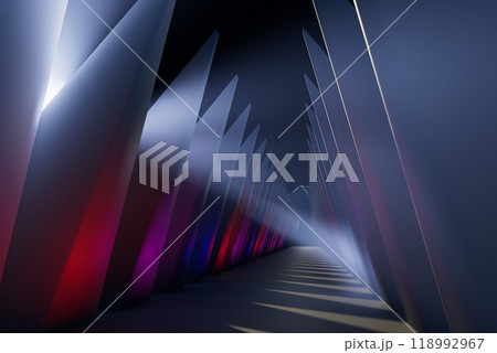 3d render illustration A long hallway with many pillars and a red light 118992967