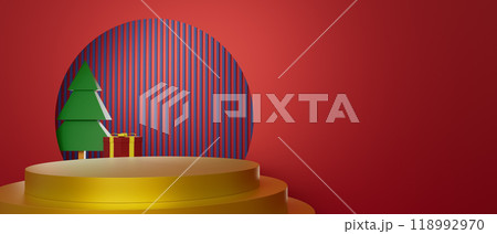 3d render illustration A red background with a Christmas tree and a snow globe 3d render illustration A red background with a Christmas tree and a snow globe 118992970